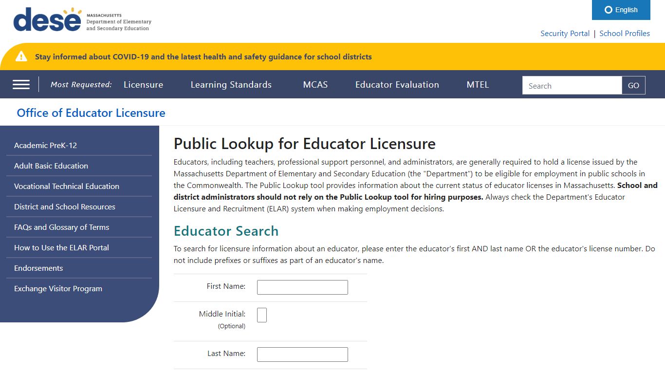 Public Lookup for Educator Licensure - Massachusetts Department of ...